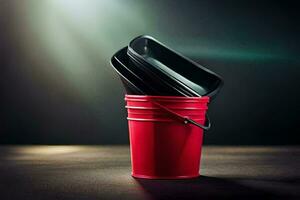 a red bucket with a black lid on a table. AI-Generated photo