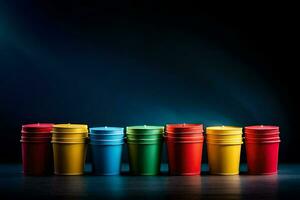 a row of colorful plastic cups on a dark background. AI-Generated photo