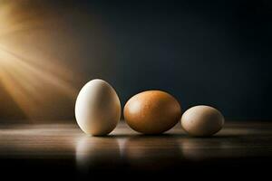 three eggs and an egg on a table. AI-Generated photo