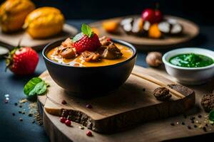 a bowl of soup with meat and berries on a wooden board. AI-Generated photo