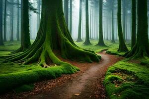a path through a green forest with mossy trees. AI-Generated photo