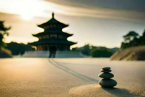 un persona es caminando en frente de un pagoda. generado por ai foto