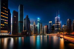 the chicago skyline at night with lights on the buildings. AI-Generated photo