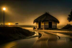 a small hut sits on the beach at night. AI-Generated photo