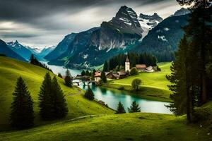 a beautiful mountain landscape with a lake and a church. AI-Generated photo