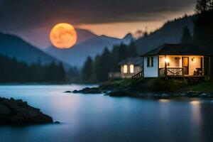 a cabin in the mountains with a full moon. AI-Generated photo