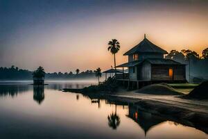 a house sits on the shore of a lake at sunrise. AI-Generated photo