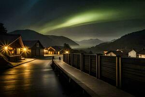 the aurora bore lights up the sky over a small town. AI-Generated photo