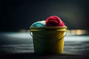 a bucket filled with colorful yarns. AI-Generated photo