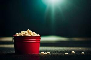 a bucket of popcorn on a dark surface. AI-Generated photo