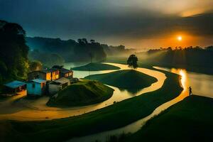 a beautiful sunrise over a river and farm. AI-Generated photo