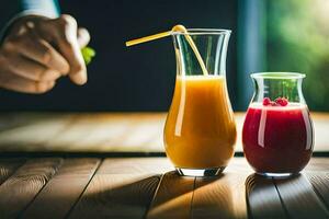 un persona es participación un vaso de jugo. generado por ai foto