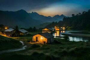 a small village at night with mountains in the background. AI-Generated photo