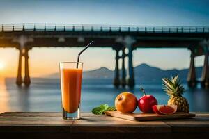 a glass of juice and fruit on a table with a bridge in the background. AI-Generated photo