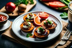 baked sweet potatoes with cheese and tomatoes on a plate. AI-Generated photo