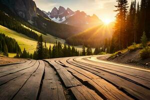 a road with a wooden boardwalk leading to a mountain. AI-Generated photo