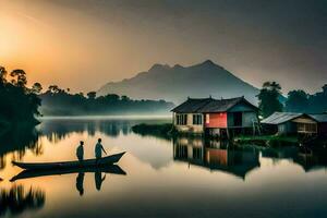 two people in a boat on a lake at sunrise. AI-Generated photo