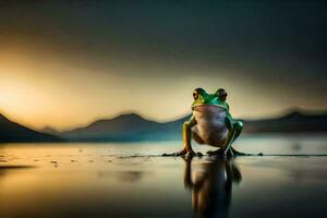 a frog sitting on the shore of a lake at sunset. AI-Generated photo