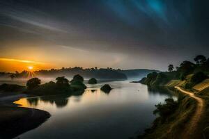 the sun rises over a river in the morning. AI-Generated photo