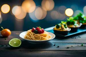 spaghetti with tomato sauce and lemon on a wooden table. AI-Generated photo