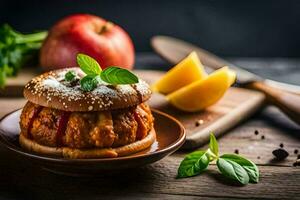 un hamburguesa con queso y manzanas en un lámina. generado por ai foto