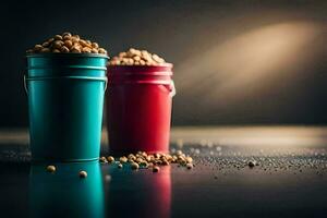 two buckets filled with beans on a dark surface. AI-Generated photo