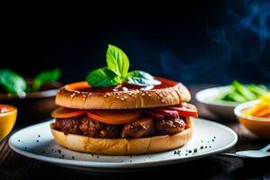 un hamburguesa con carne, vegetales y salsa en un lámina. generado por ai foto