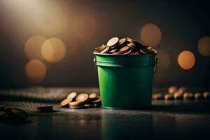 a bucket of coins on a table with bokeh lights. AI-Generated photo