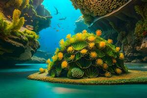 a scene with a large underwater island and a bunch of sea plants. AI-Generated photo