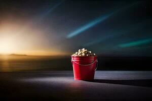a bucket of popcorn on a table in front of a sunset. AI-Generated photo