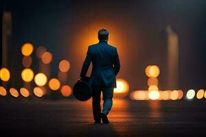 un hombre en un traje camina mediante el ciudad a noche. generado por ai foto