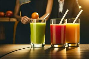 three glasses of juice with straws on a table. AI-Generated photo