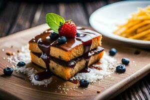 un plato con un rebanada de pastel y papas fritas generado por ai foto