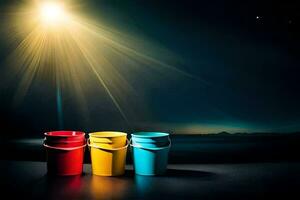 three buckets with light shining from the sky. AI-Generated photo