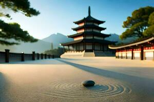 a pagoda sits in the middle of a sandy path. AI-Generated photo