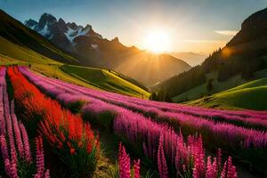 the sun rises over a field of purple flowers in the mountains. AI-Generated photo