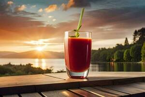 a glass of juice with a straw on a wooden table. AI-Generated photo