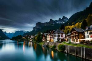 foto fondo de pantalla el cielo, montañas, lago, casa, el noche, el montañas, Suiza. generado por ai