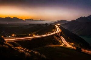 a long exposure photo of a road and mountains at sunset. AI-Generated