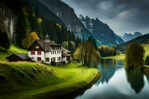 a house sits on the side of a mountain overlooking a river. AI-Generated photo