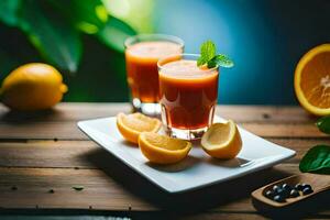 dos lentes de naranja jugo en un plato con rebanadas de naranjas generado por ai foto