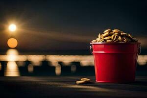 a bucket of peanuts on a table in front of a full moon. AI-Generated photo