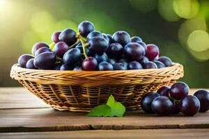grapes in a basket on a wooden table. AI-Generated photo
