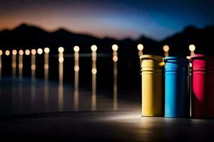 three colorful water bottles sit on a table in front of a lake. AI-Generated photo