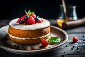 a cake with berries and cream on a plate. AI-Generated photo