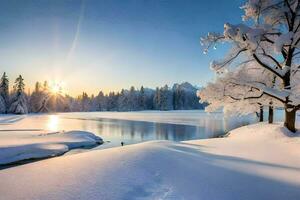 photo wallpaper the sky, snow, trees, lake, sun, trees, winter, trees,. AI-Generated