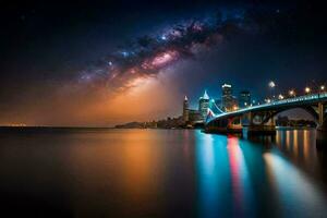 the milky over a bridge and city skyline. AI-Generated photo