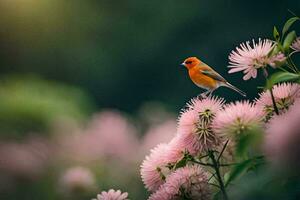 un pájaro es encaramado en parte superior de algunos rosado flores generado por ai foto