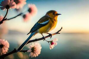 a bird sits on a branch with pink flowers. AI-Generated photo