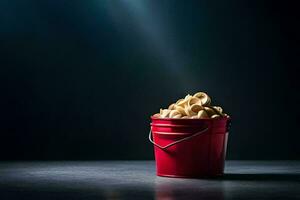 a red bucket filled with macaroni on a dark table. AI-Generated photo